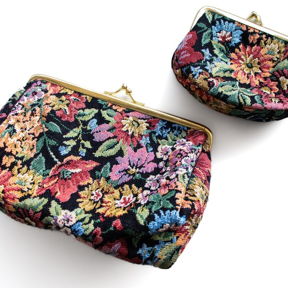 Vintage Floral Tapestry Purse + Makeup Bag w/ Mirror Set 1950s Retro - Picture 7 of 8